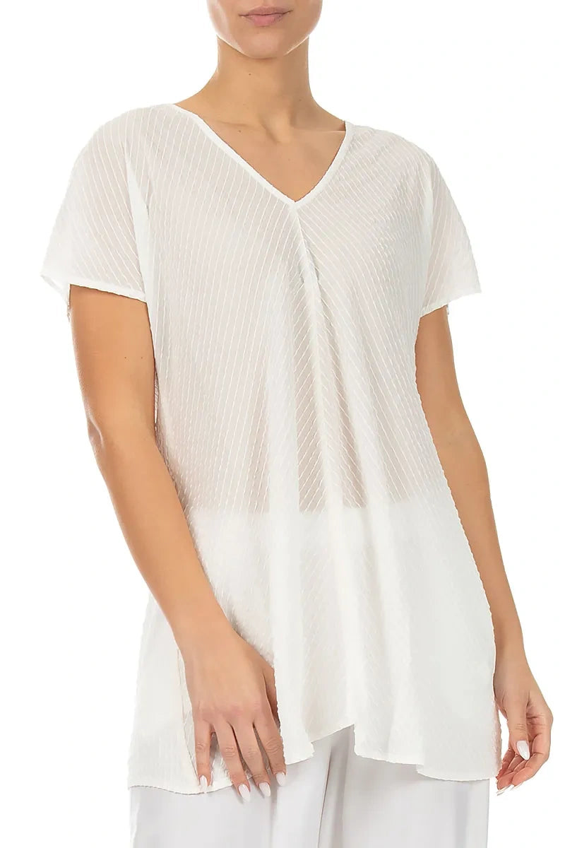V-Neck Off White Stripy Silk Viscose Blouse 3