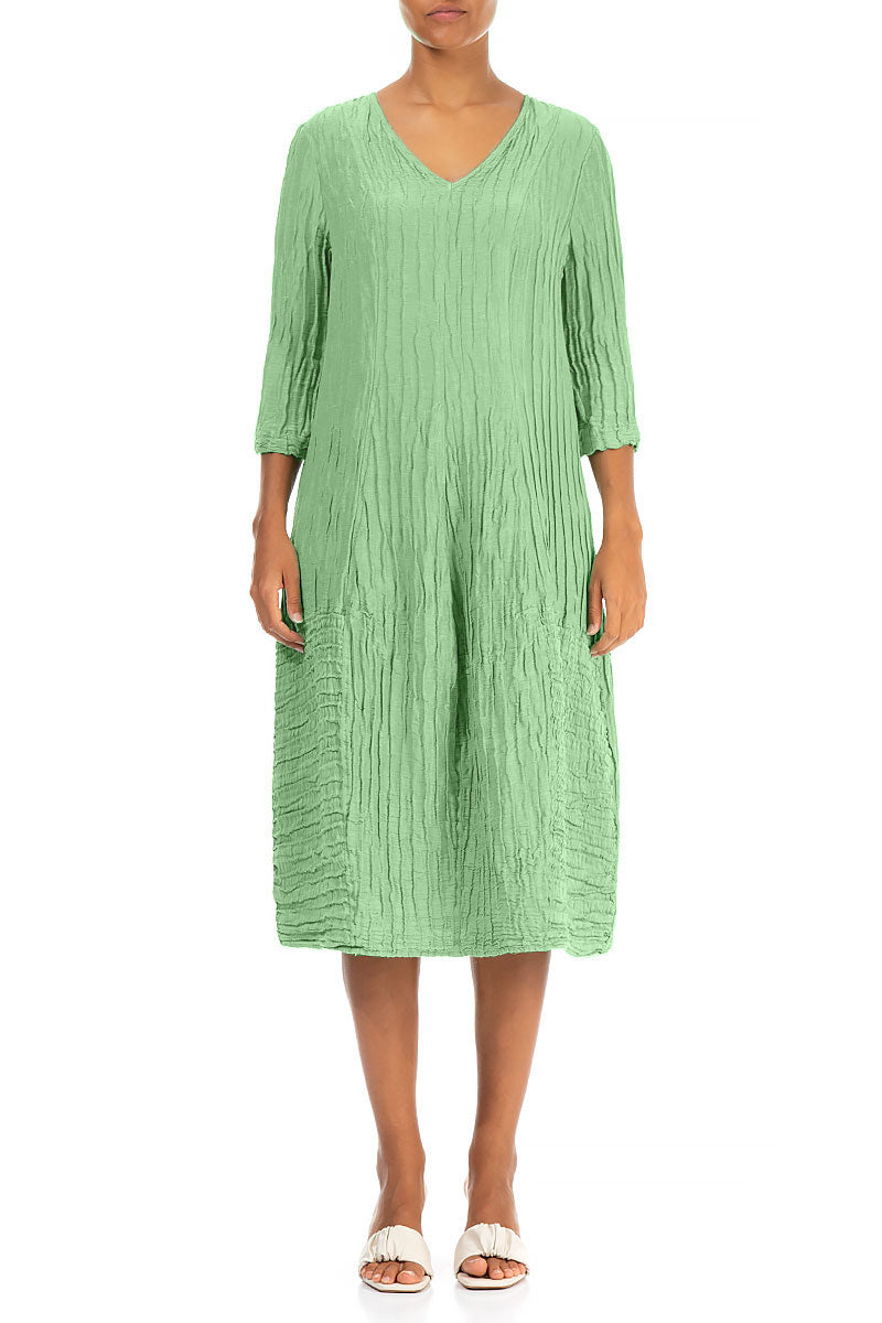 V-neck Crinkled Green Sorbet Silk Linen Dress