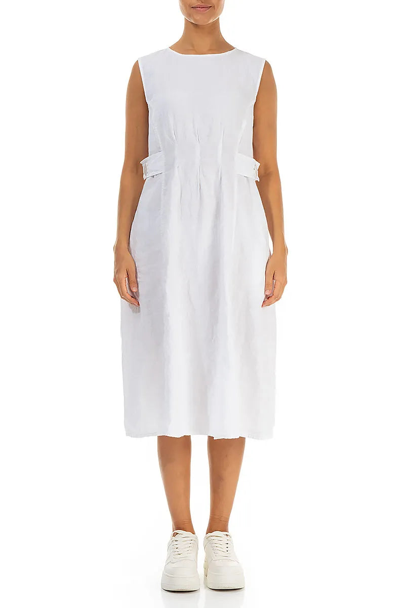 Waist Detail Sleeveless White Linen Dress