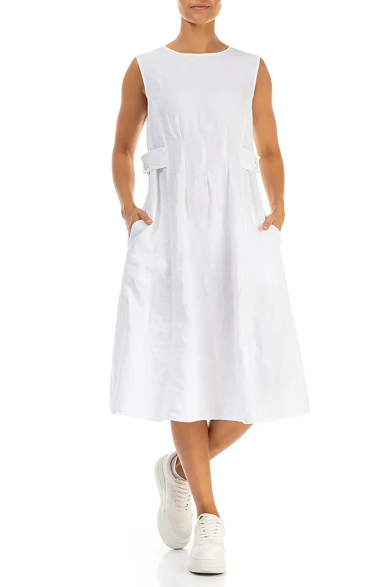 Waist Detail Sleeveless White Linen Dress