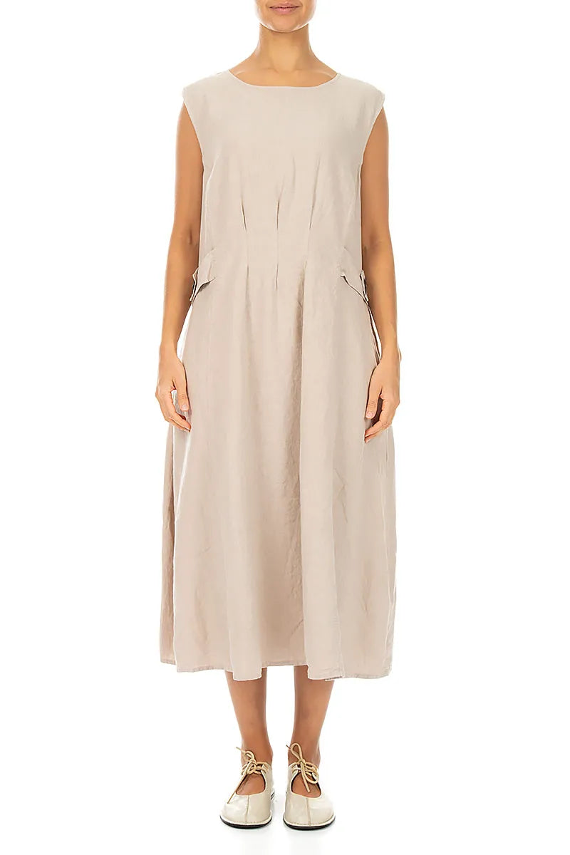 Waist Detail Sleeveless Beige Linen Dress