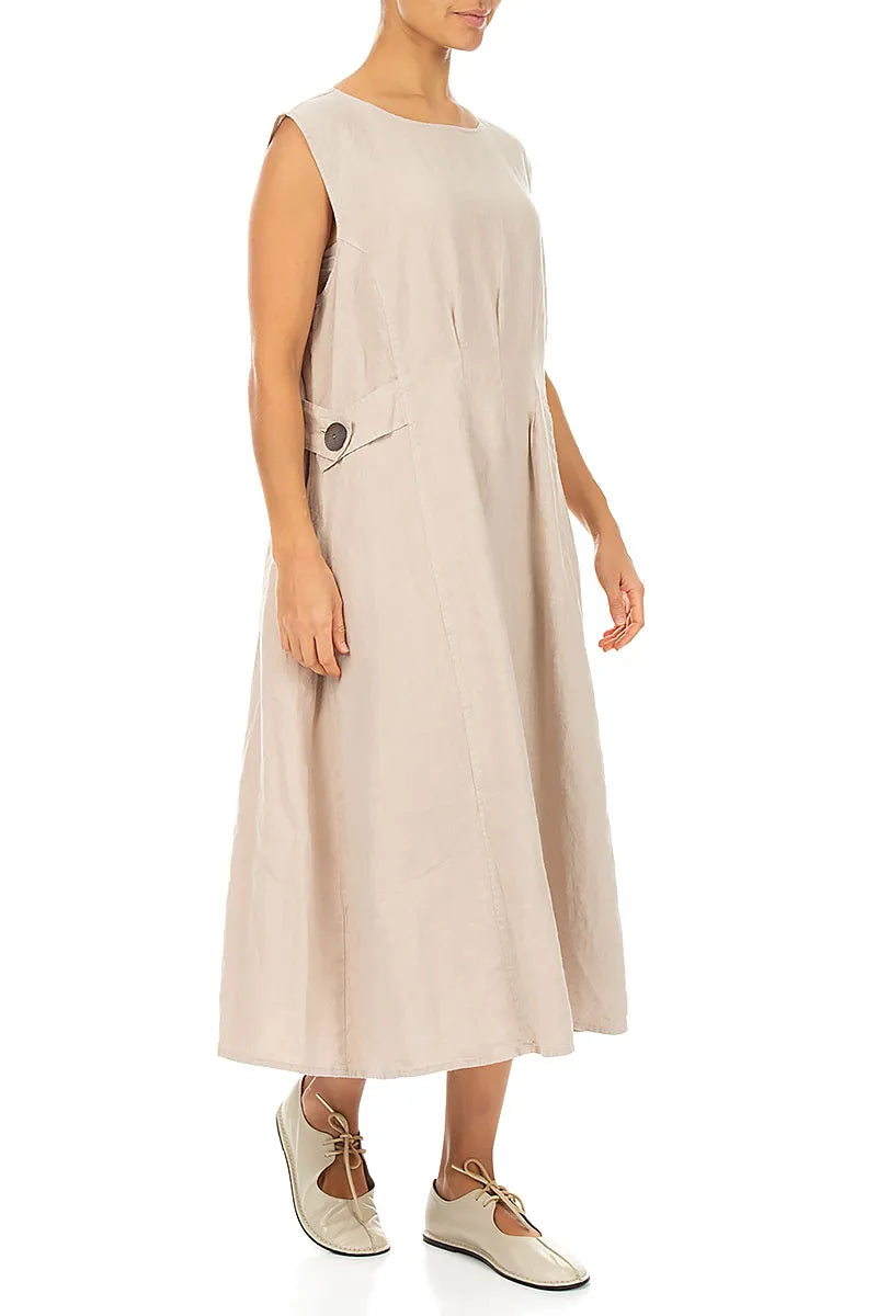Waist Detail Sleeveless Beige Linen Dress