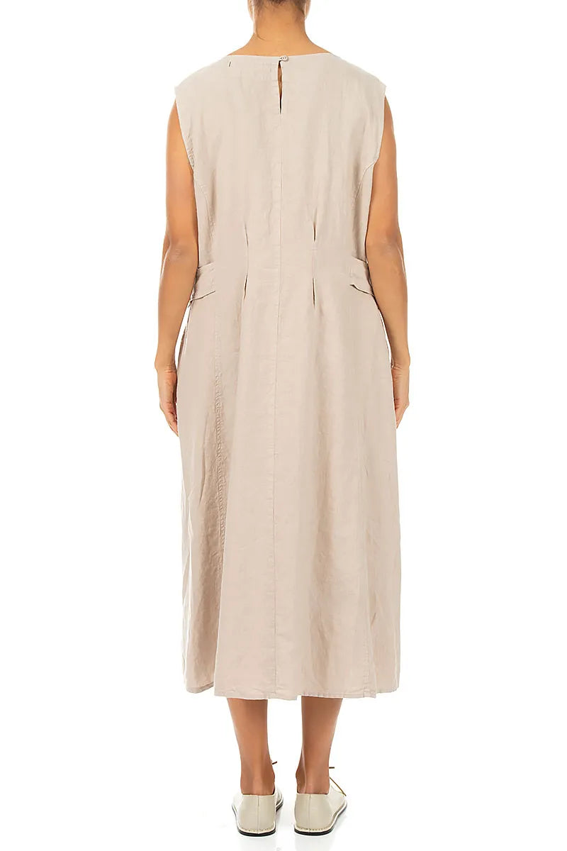 Waist Detail Sleeveless Beige Linen Dress