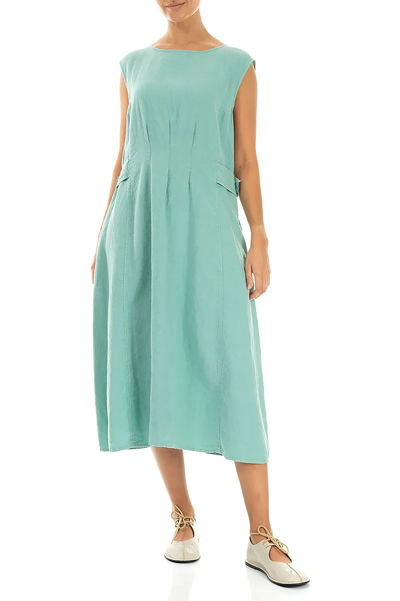 Waist Detail Sleeveless Mint Linen Dress 3