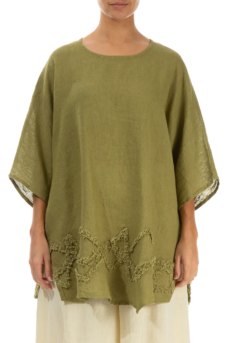 Wavy Line Decorated Olive Linen Tunic