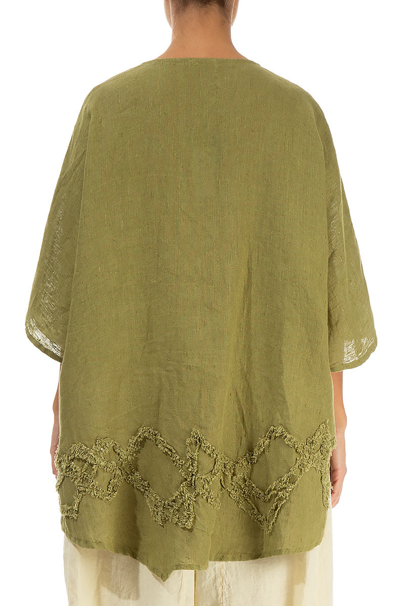 Wavy Line Decorated Olive Linen Tunic