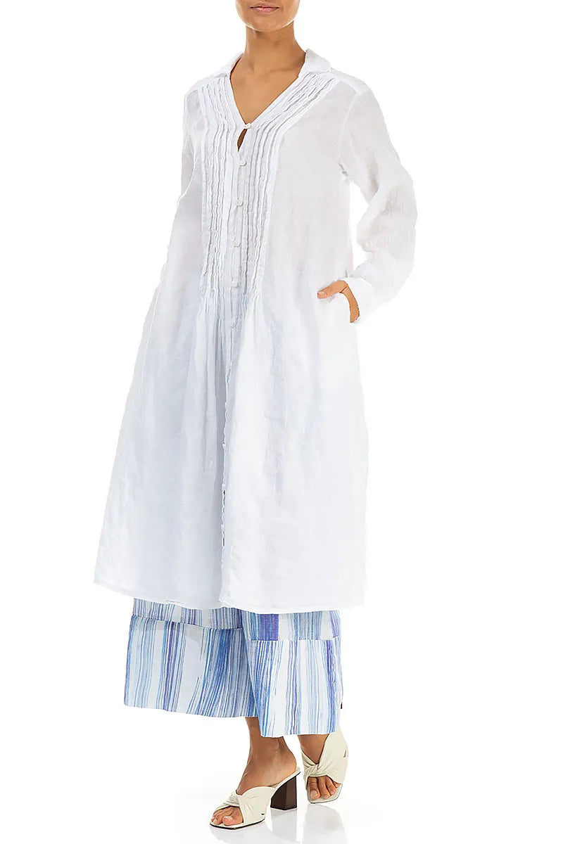 Robe chemise en lin blanc à plis nervurés