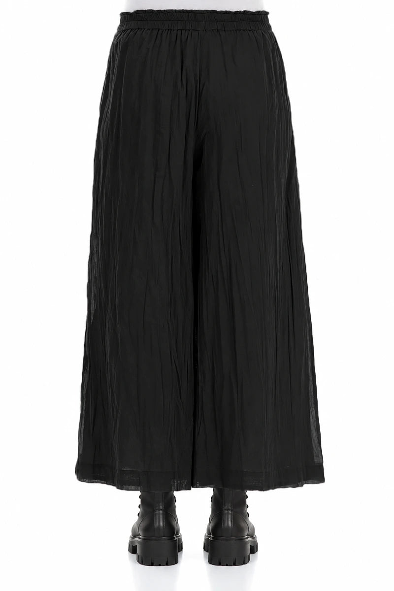 Wide Cropped Black Crumpled Cotton Trousers 2