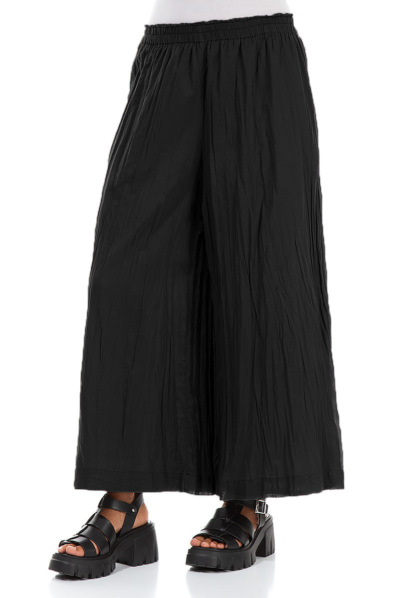 Wide Cropped Black Crumpled Cotton Trousers 3