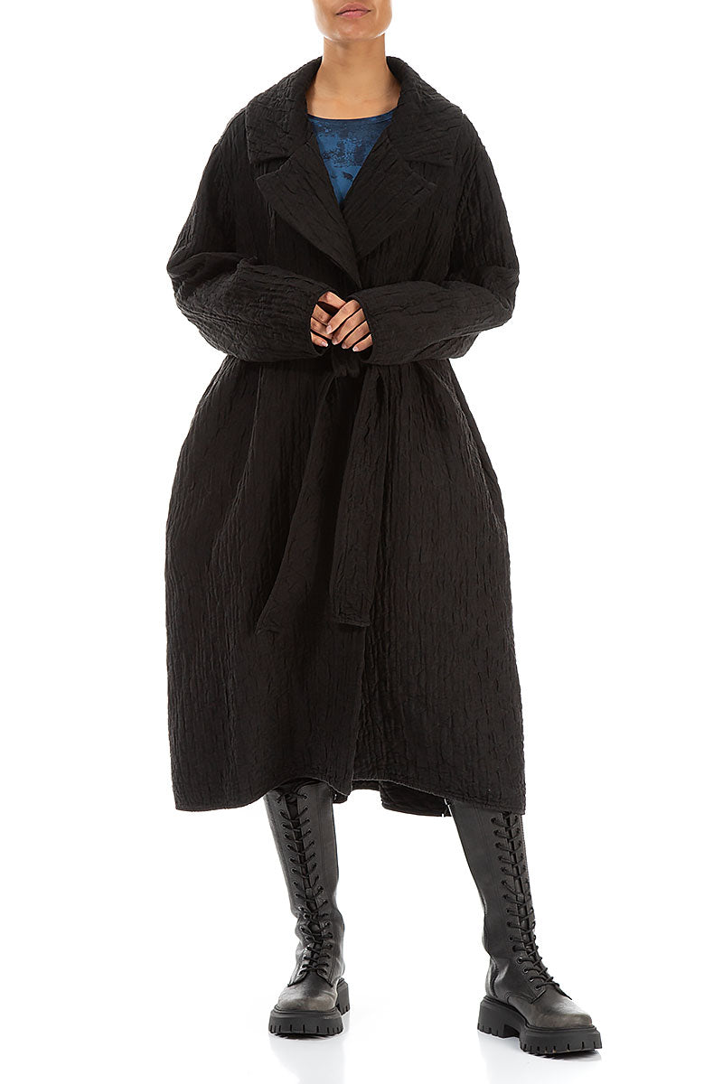 Wide Collar Black Quilted Silk Coat 4