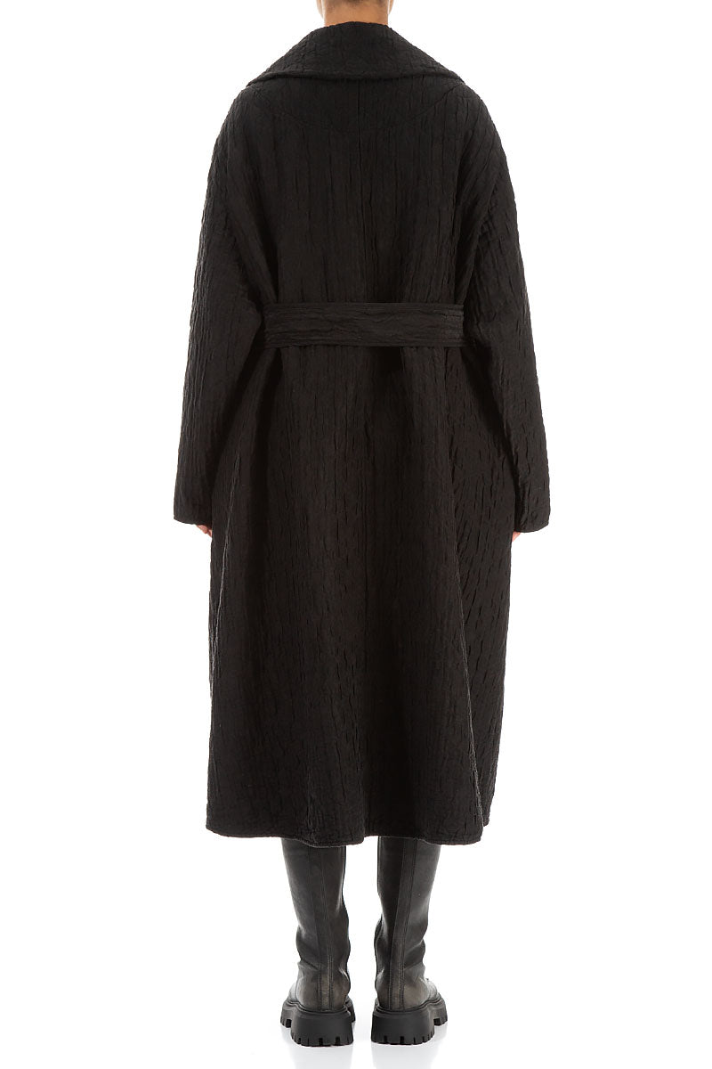 Wide Collar Black Quilted Silk Coat 2