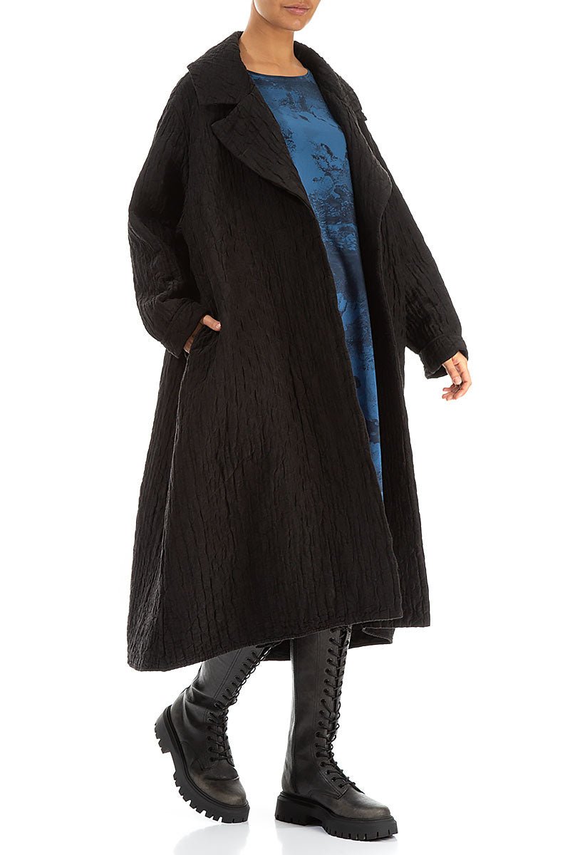 Wide Collar Black Quilted Silk Coat 3