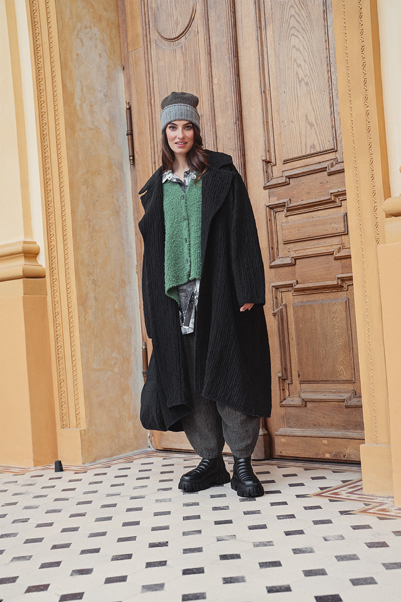 Wide Collar Black Quilted Silk Coat 6