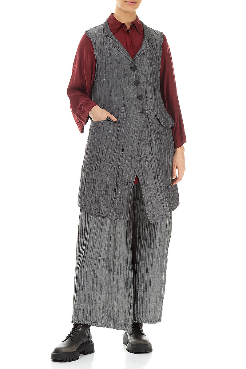 Wide Crinkled Anthracite Silk Linen Trousers 4