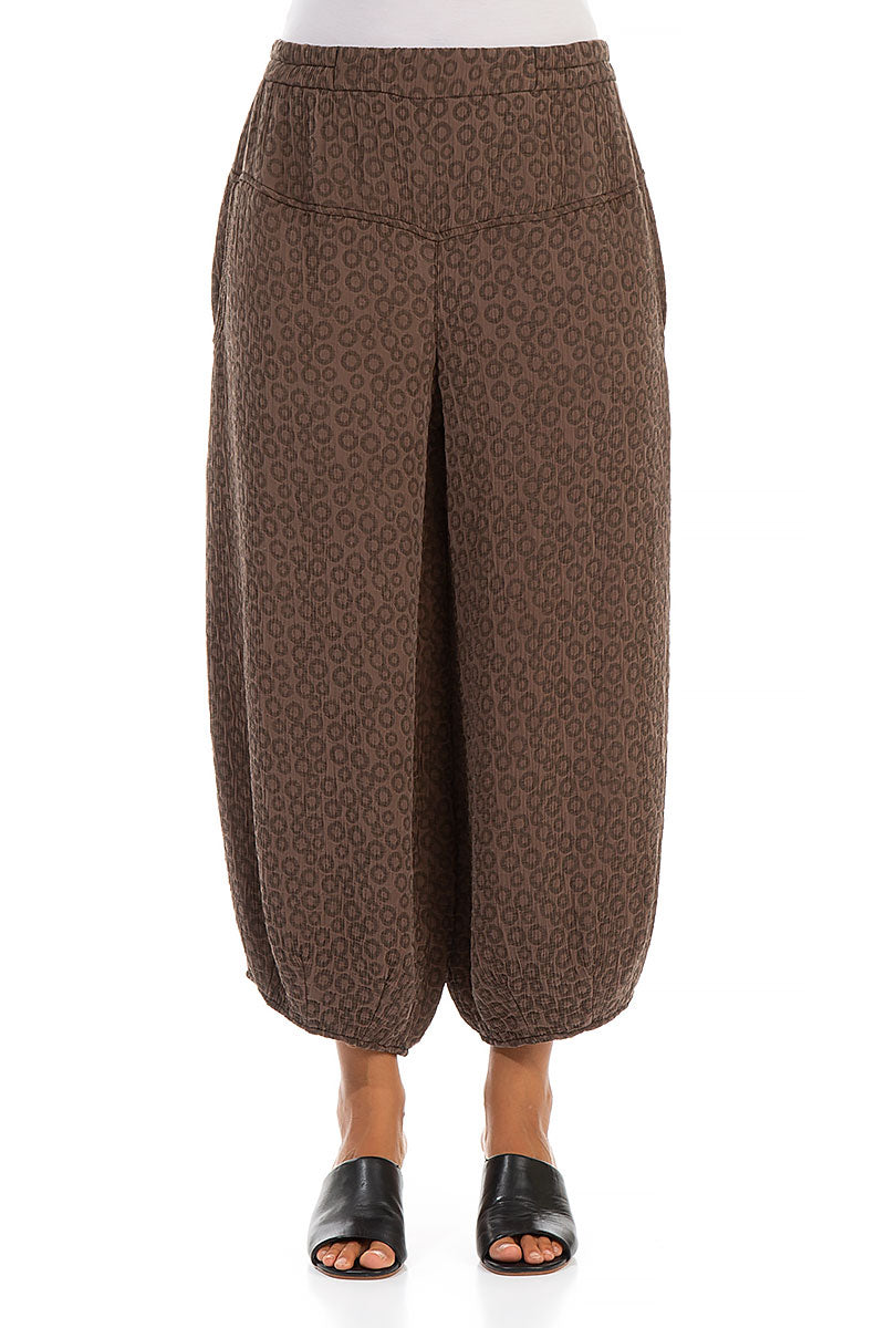 Wide Cropped Brown Textured Silk Trousers