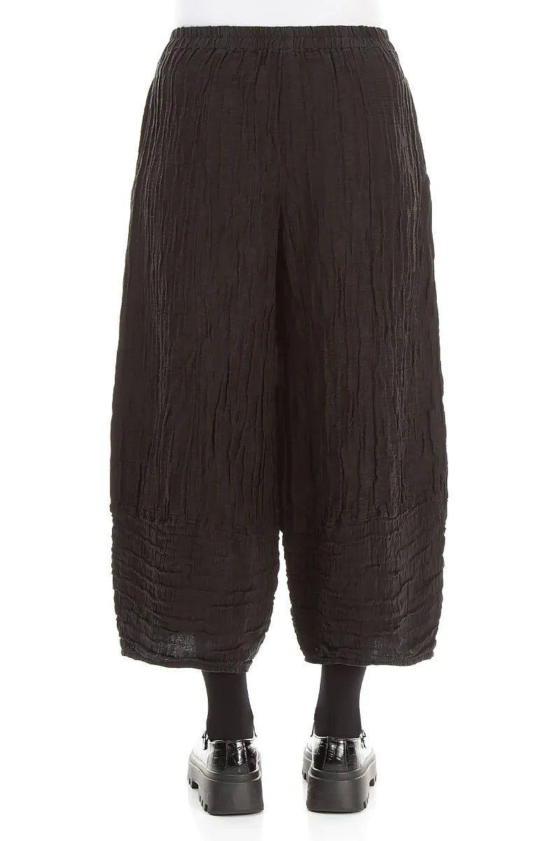 Wide Cropped Crinkled Black Silk Linen Trousers