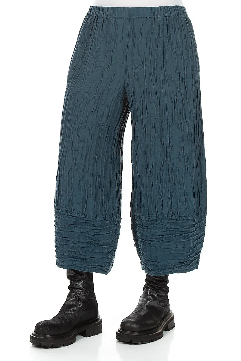Wide Cropped Crinkled Deep Turquoise Silk Linen Trousers