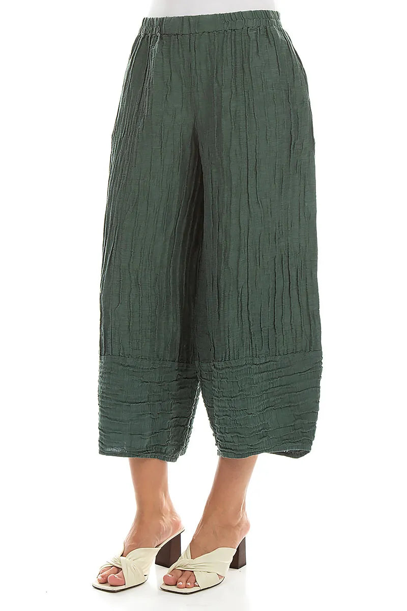 Wide Cropped Crinkled Sage Silk Linen Trousers 3