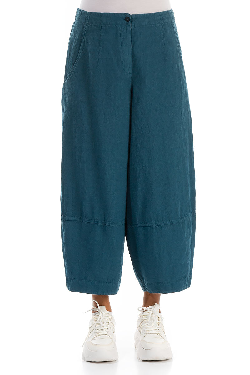 Wide Cropped Dark Teal Linen Trousers