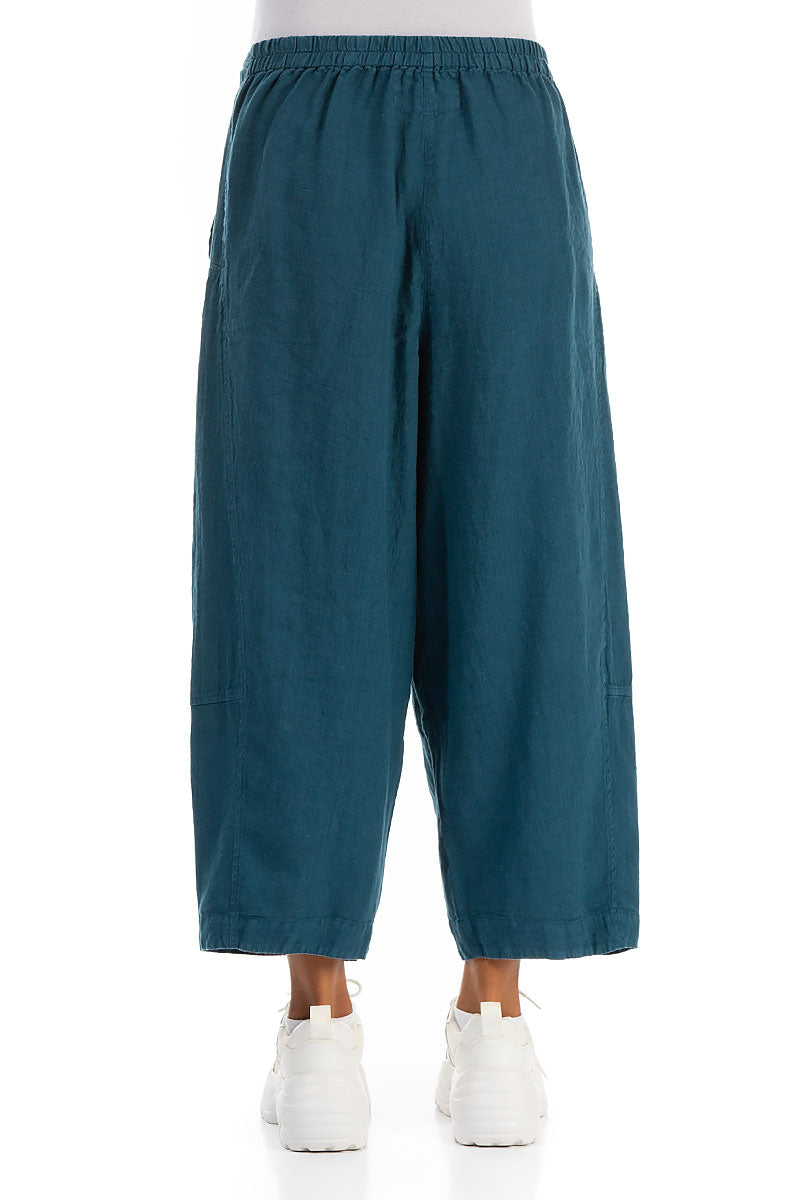 Wide Cropped Dark Teal Linen Trousers