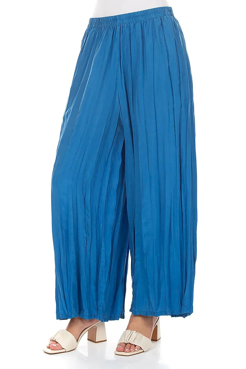Wide Flowy Cobalt Blue Crumpled Pure Silk Trousers