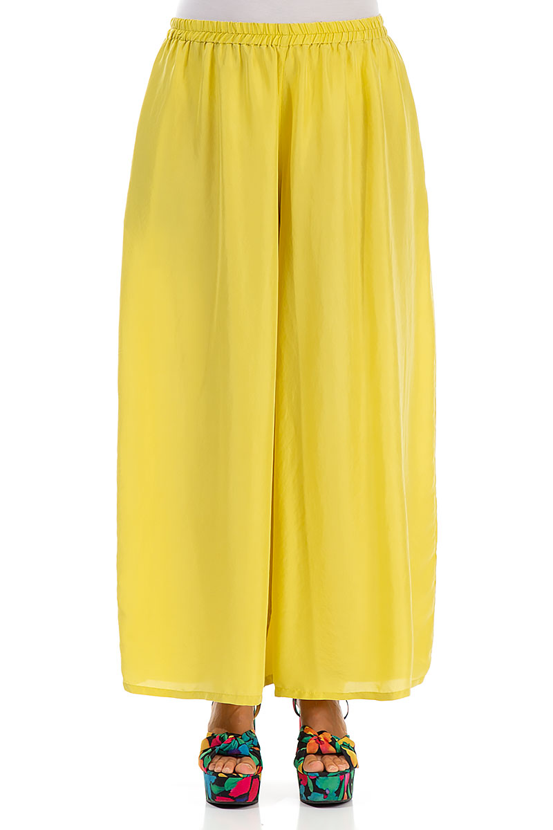 Wide Flowy Cyber Lime Pure Silk Trousers