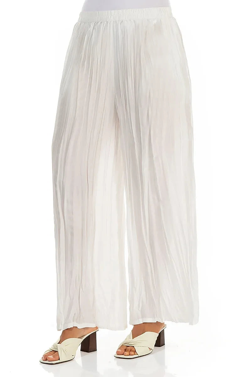 Wide Flowy White Crumpled Pure Silk Trousers 3