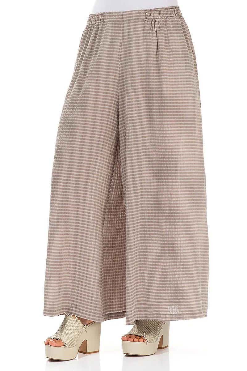 Wide Leg Beige Textured Silk Trousers 3