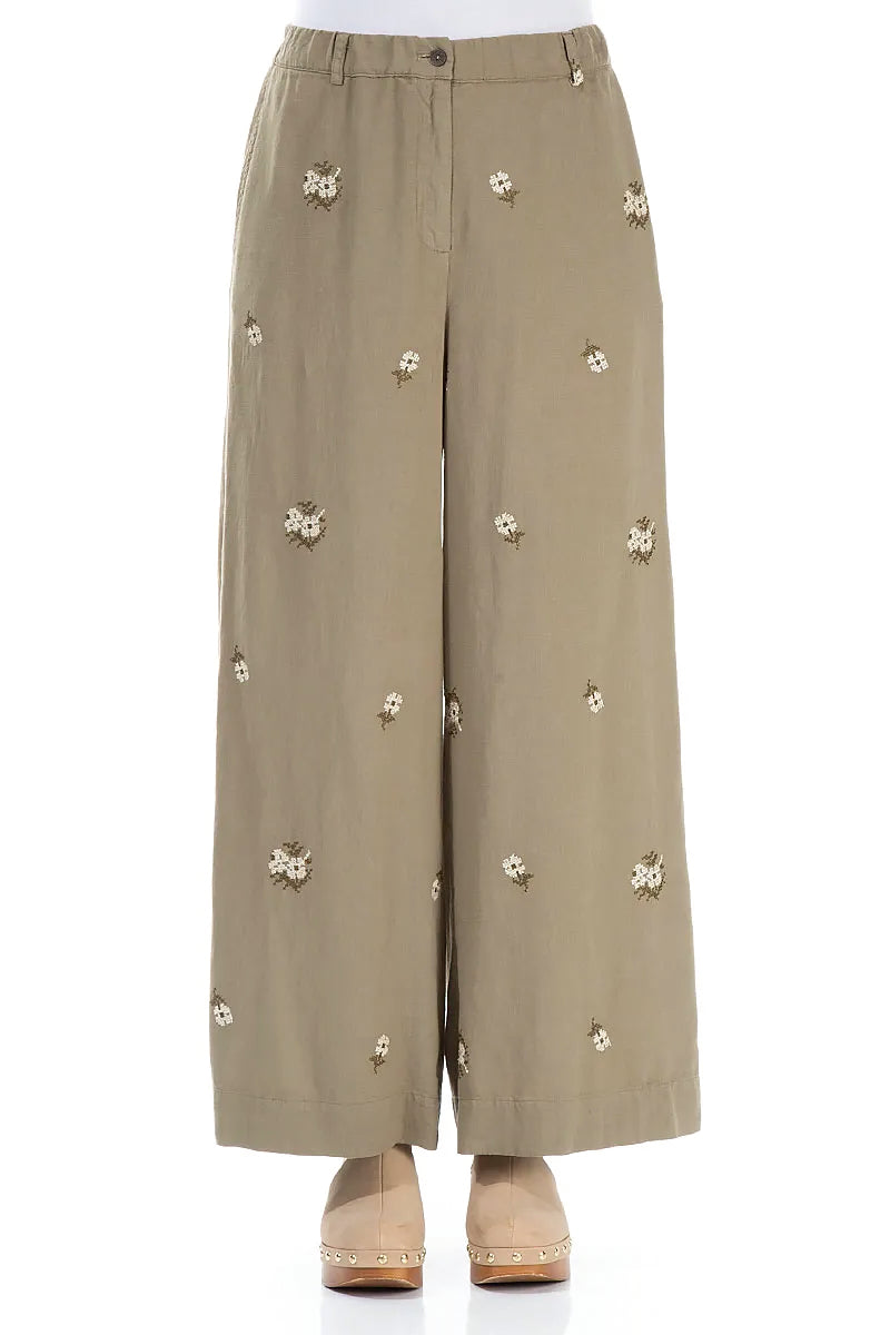 Wide Leg Petal Embroidered Olive Linen Trousers 1