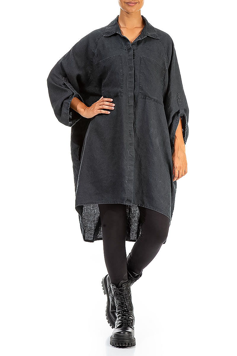 Wide Loose Black Linen Shirt 4