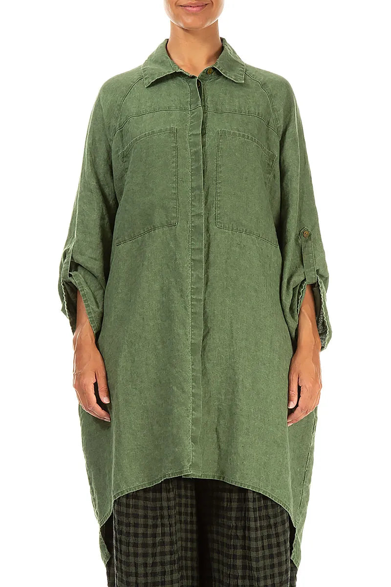 Wide Loose Dark Sage Linen Shirt 1