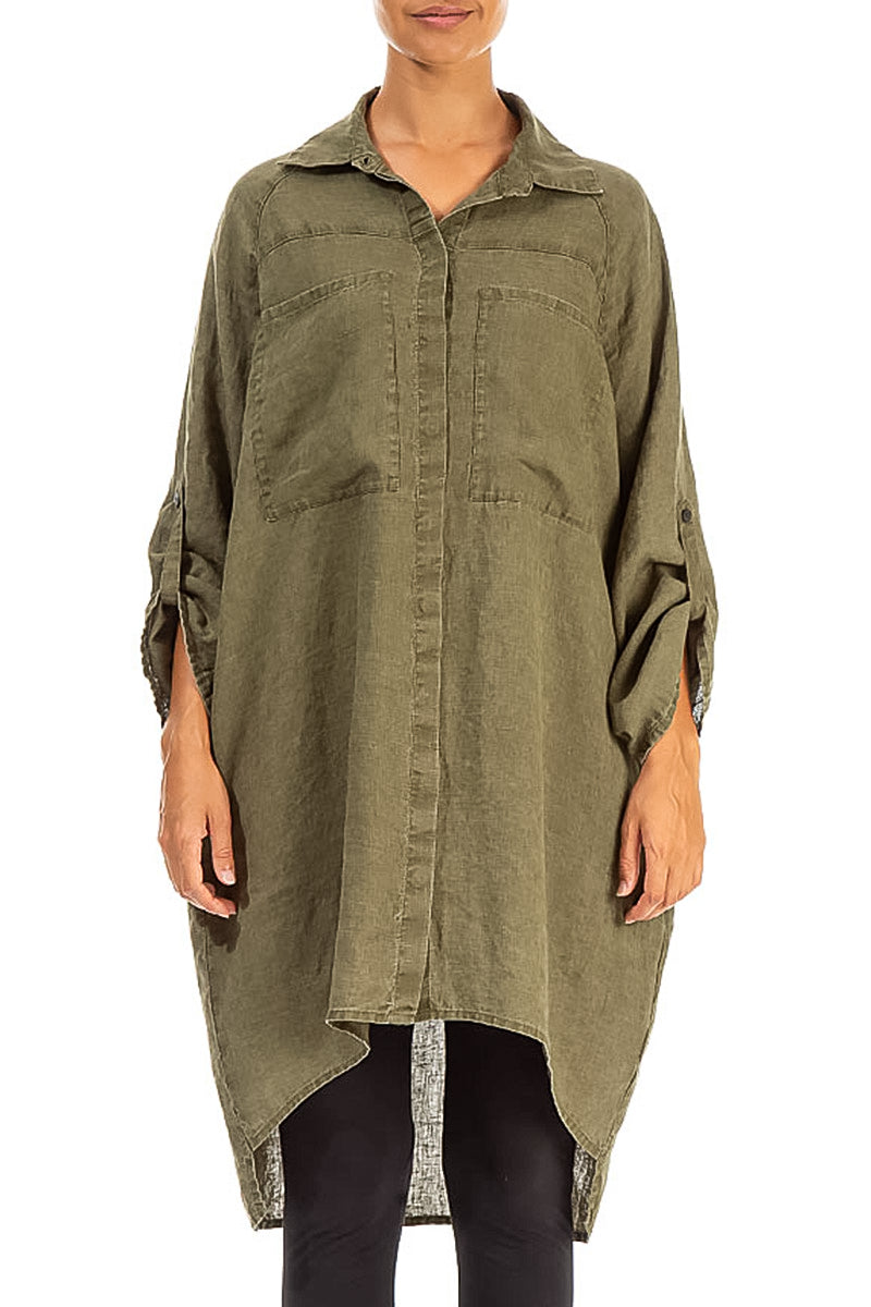 Wide Loose Khaki Linen Shirt 1