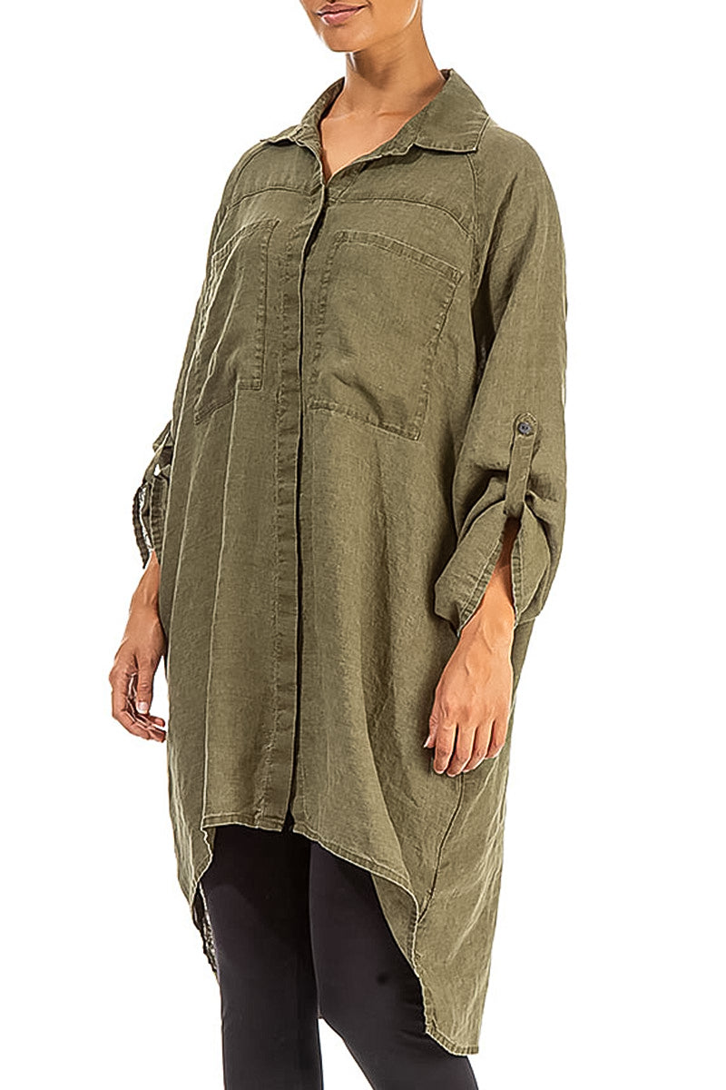 Wide Loose Khaki Linen Shirt 3