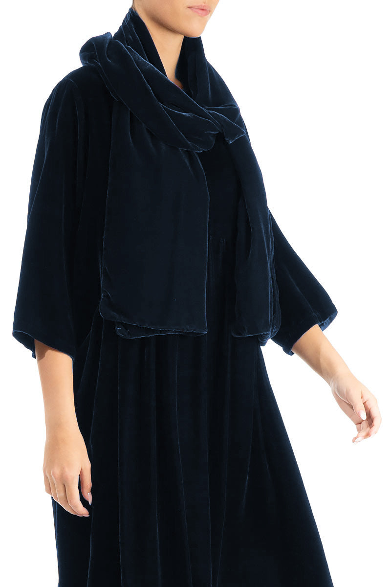 Wide Royal Blue Silk Velvet Scarf