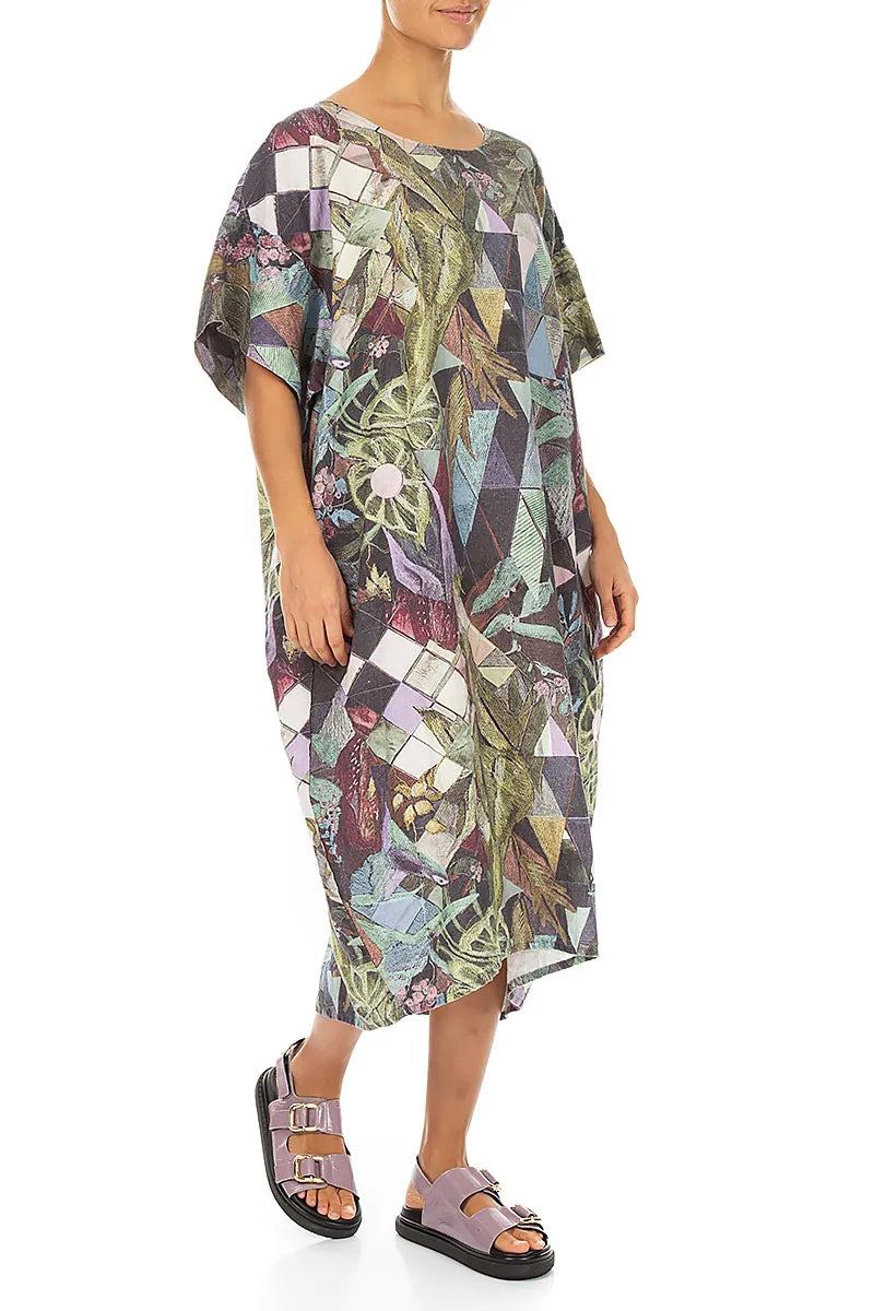 Wide Sleeves Art Mosaic Linen Dress 3