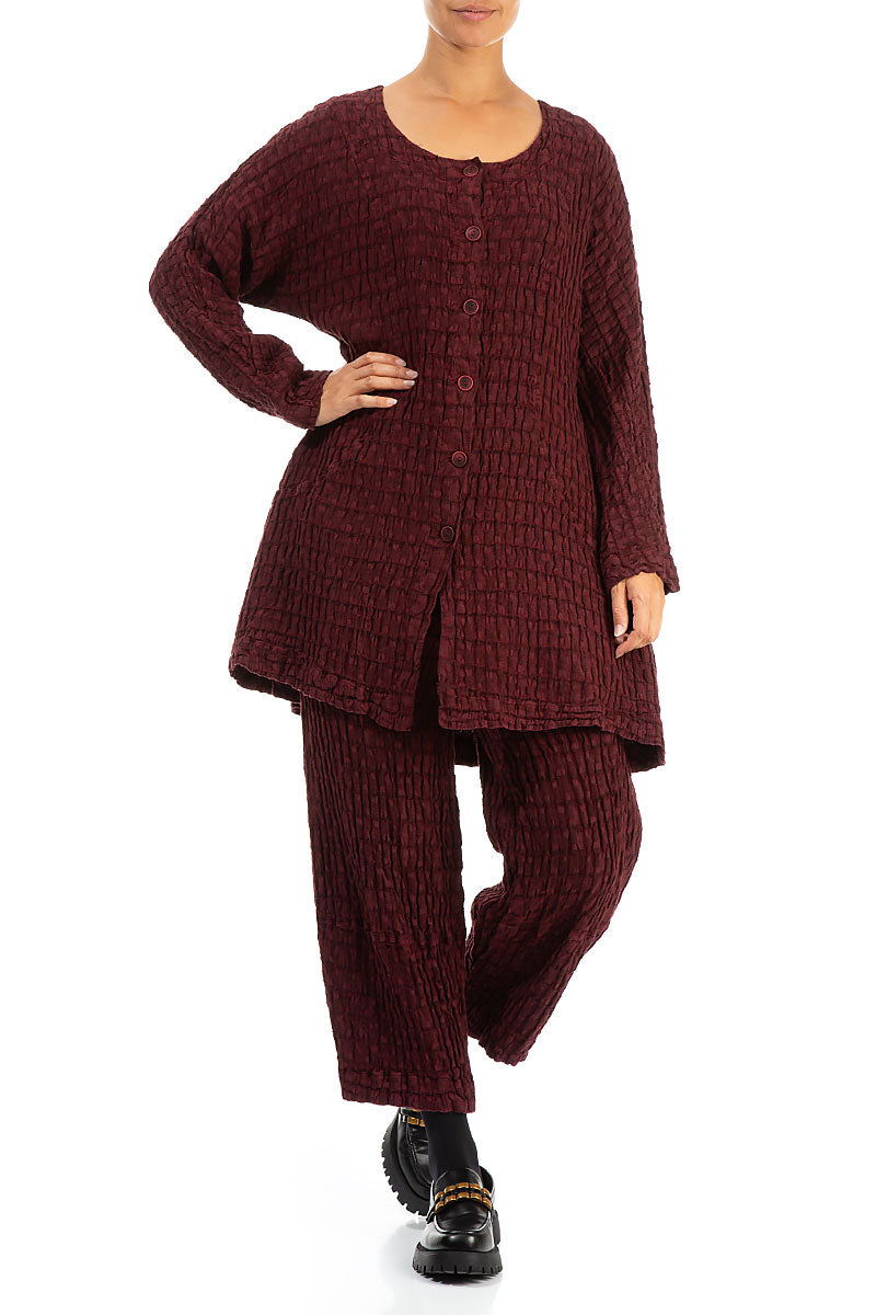 Wide Textured Burgundy Linen Trousers 4