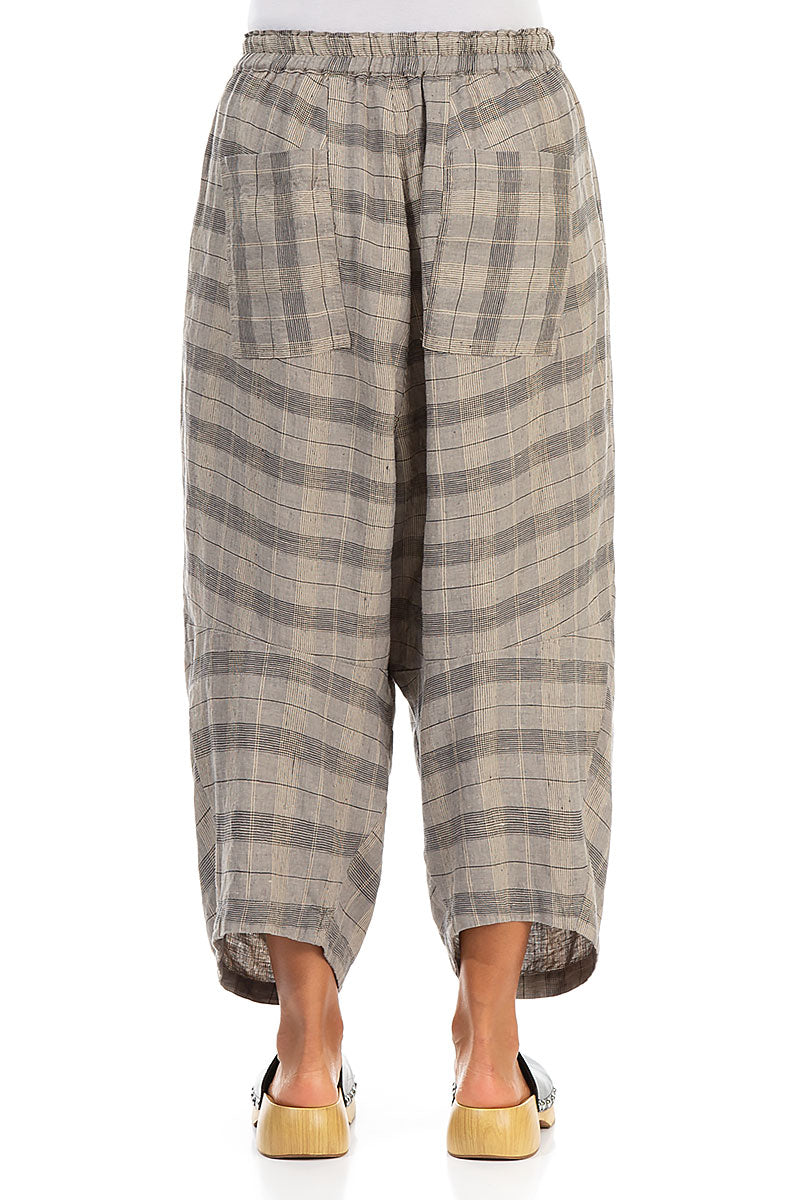 Wide Tie Up Greige Check Linen Trousers
