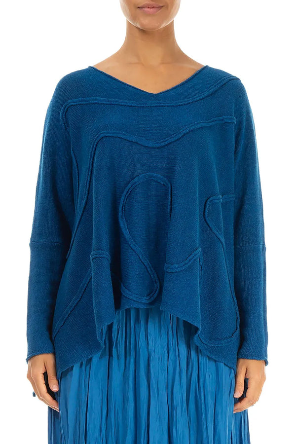 Weiter welliger Saum Kobaltblauer Leinenpullover