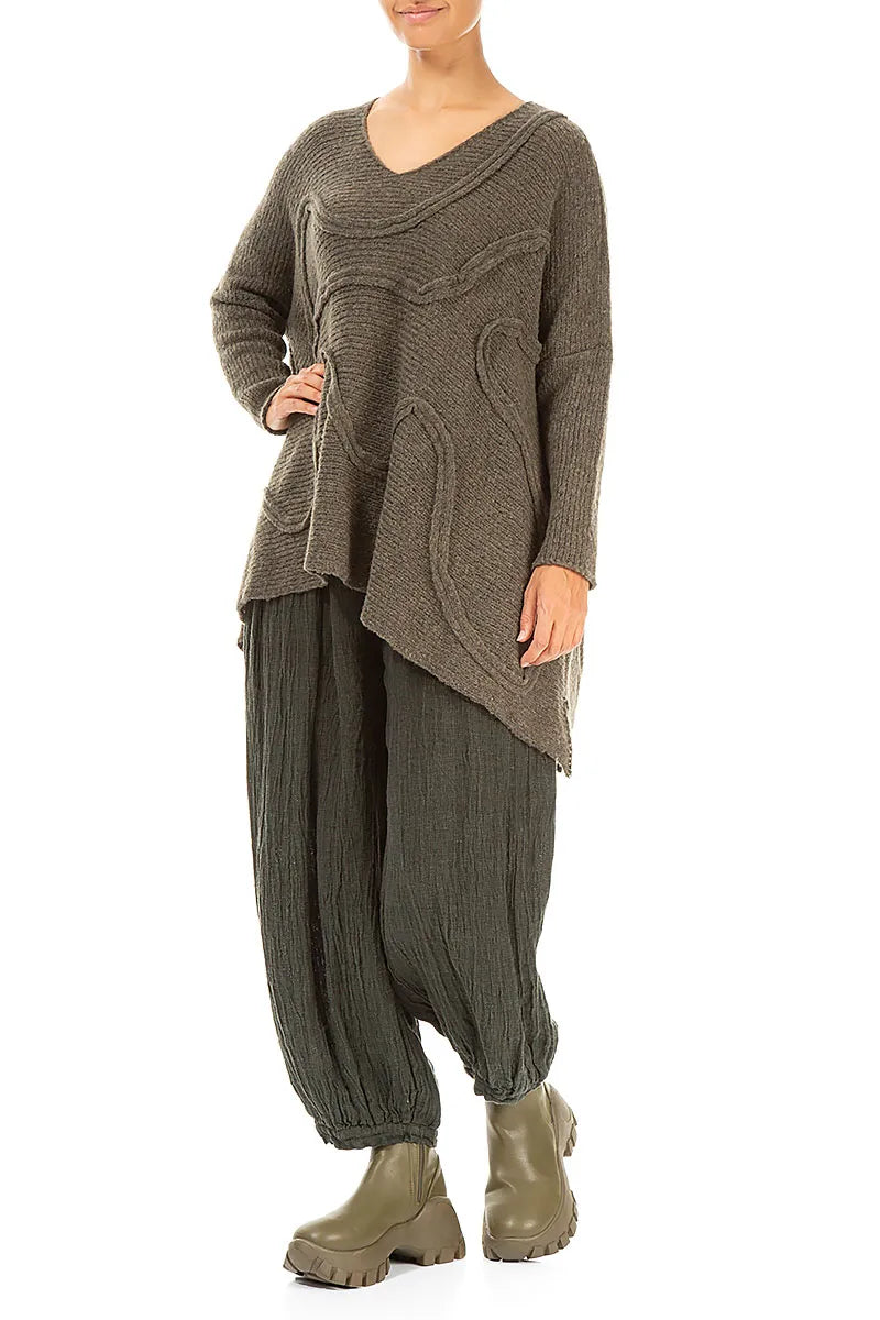 Wide Wavy Seam Khaki Wool Sweater 4