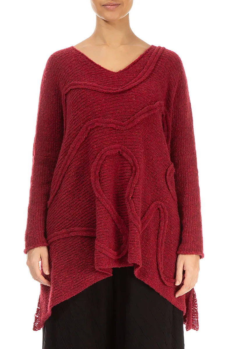 Wide Wavy Seam Ruby Red Wool Sweater 1