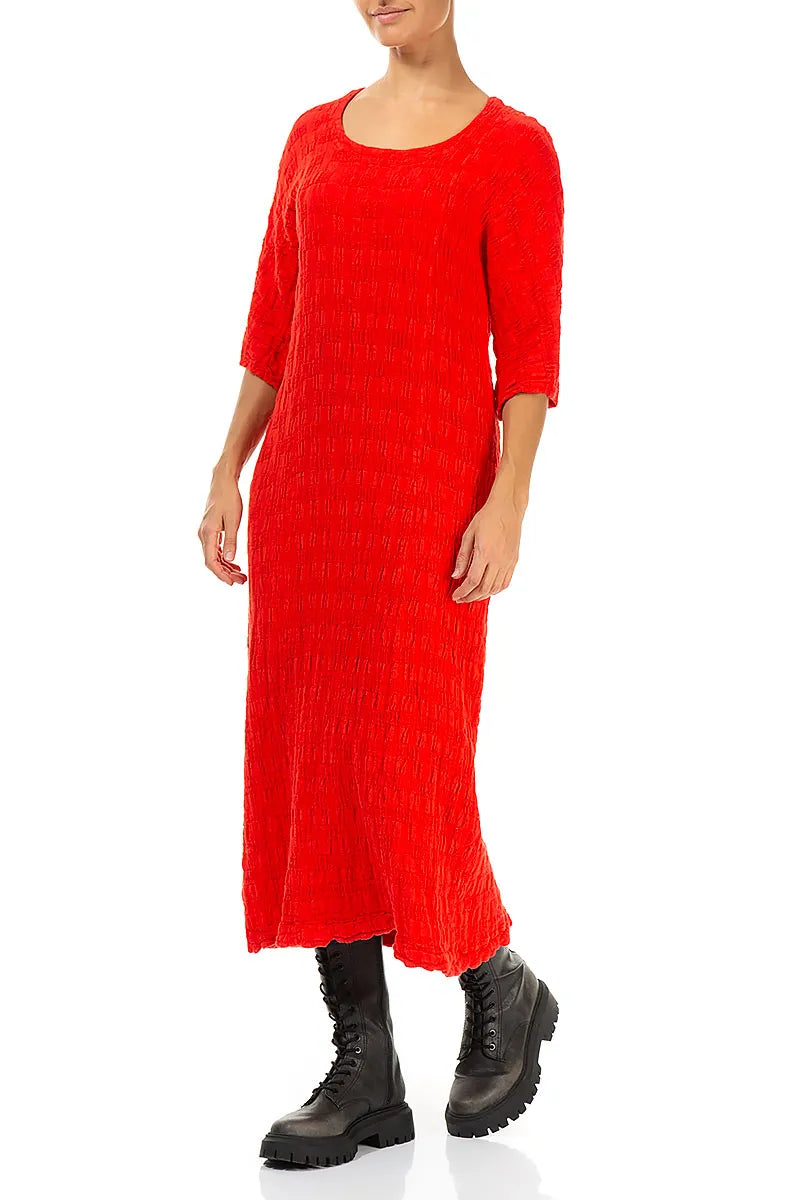 Woven Bright Red Textured Linen Dress
