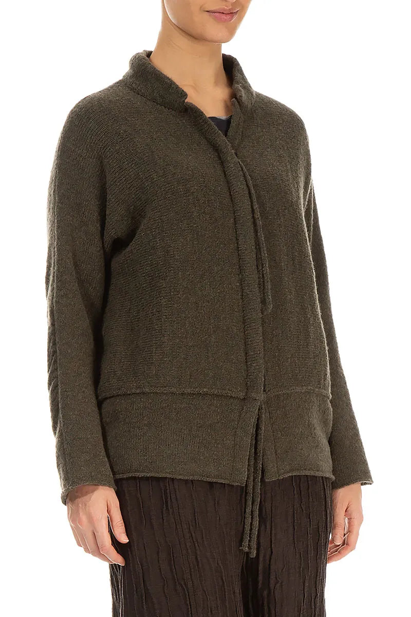 Zip Closed Khaki Wool Cardigan 3