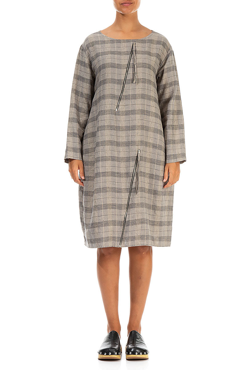 grey check linen dress with sleeves Linen short sleeve wrap dress in checks OffOn
