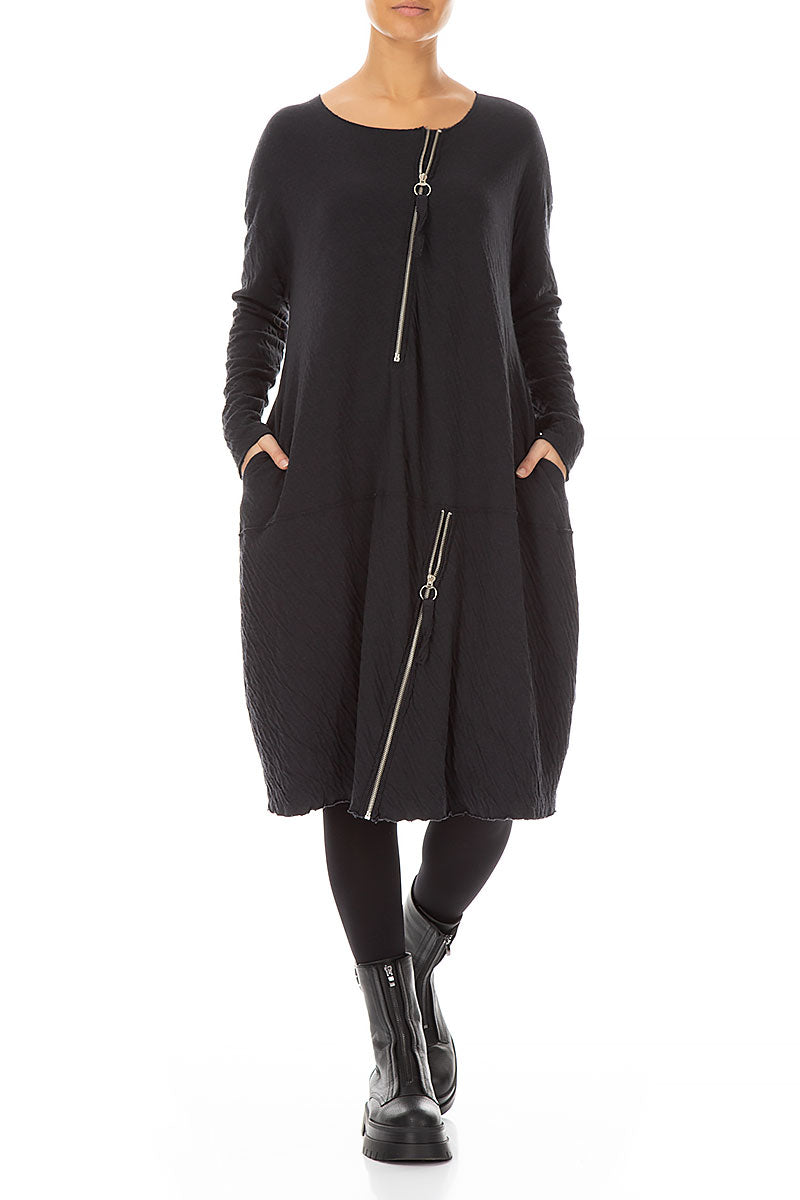 Zips Embellished Grey Wavy Cotton Dress 4