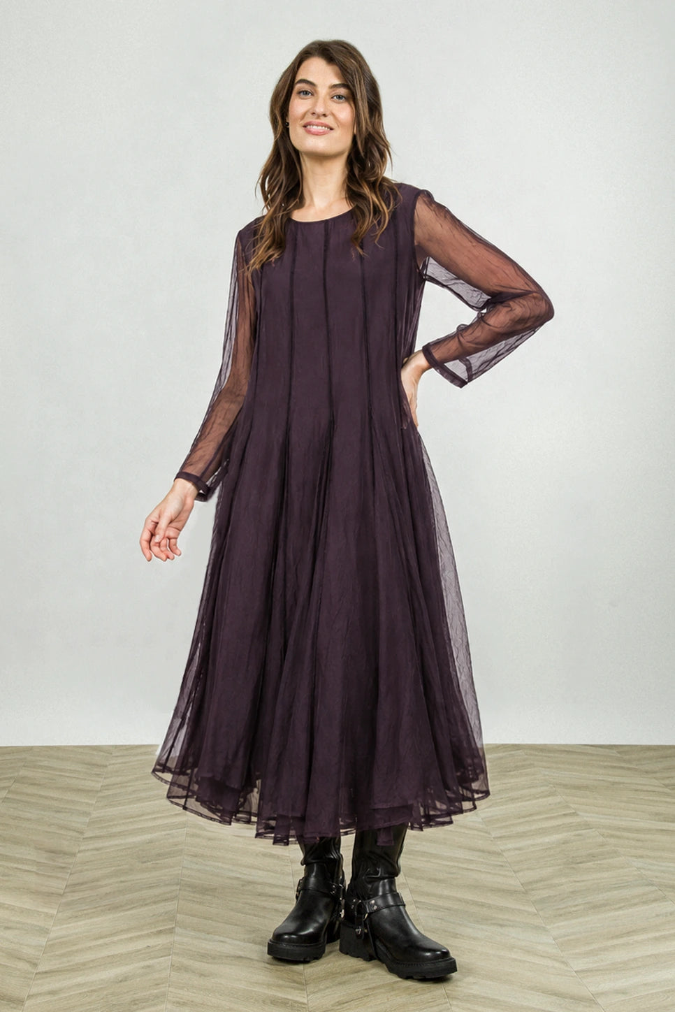 plum chiffon dress Flowing Deep Silk – Color:Light-Blue hitting the floor for long maxi dress for women Sheer Corset Glitter Quinceanera