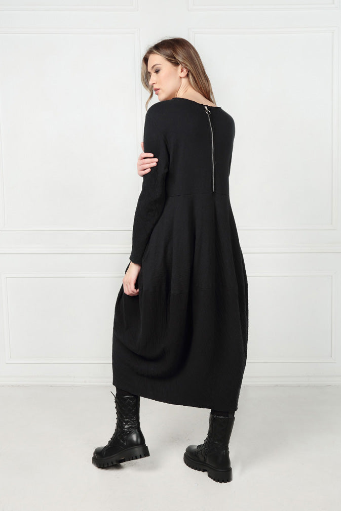 Back Zip Balloon Grey Wavy Cotton Dress 7