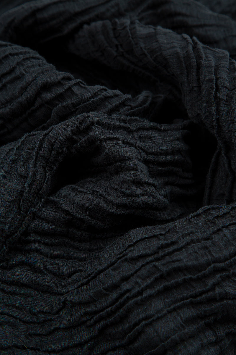 Long Sleeves Balloon Crinkled Black Silk Linen Dress 5