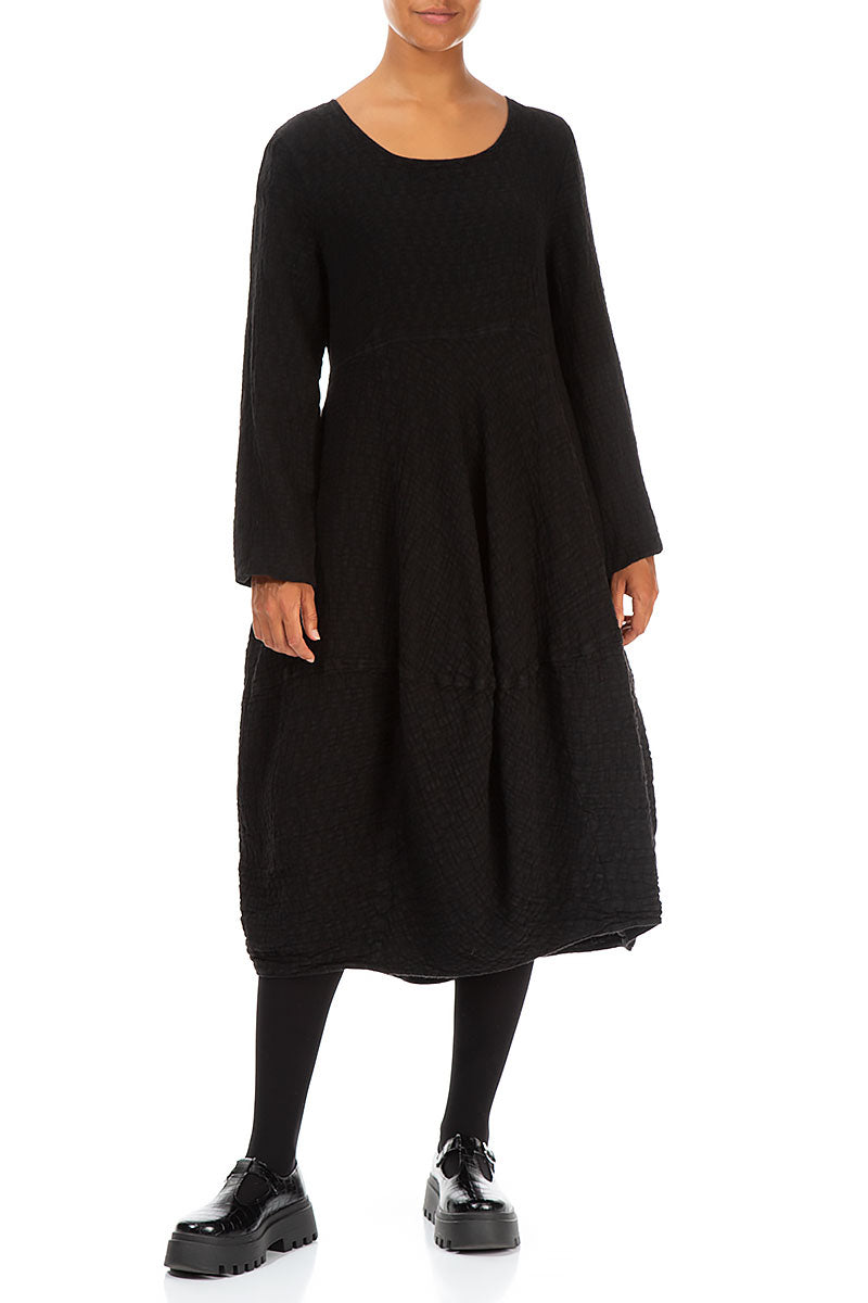 Balloon Long Sleeves Black Textured Linen Dress 3