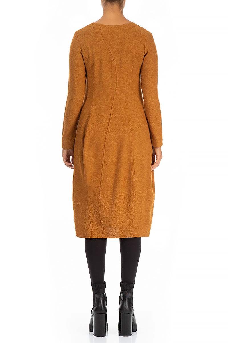 Balloon Long Sleeves Yellow Ochre Wool Dress 2