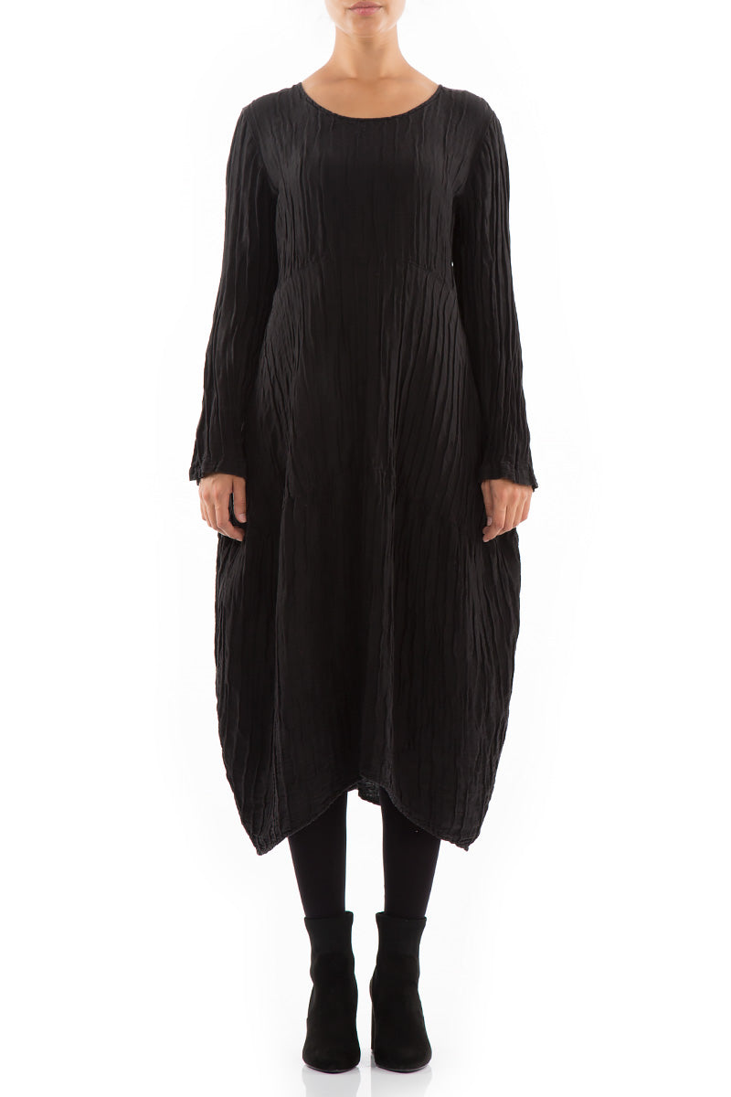 Balloon Crinkled Black Silk Dress - GRIZAS | Natural Contemporary Womenswear